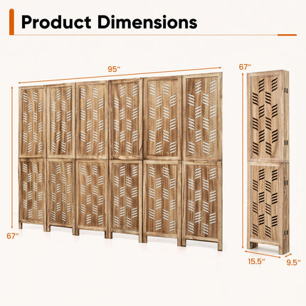 6-Panel Room Divider with Wave Cutout - 95" Tall Paulownia Wood