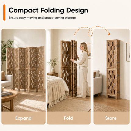 6-Panel Room Divider with Wave Cutout - 95" Tall Paulownia Wood