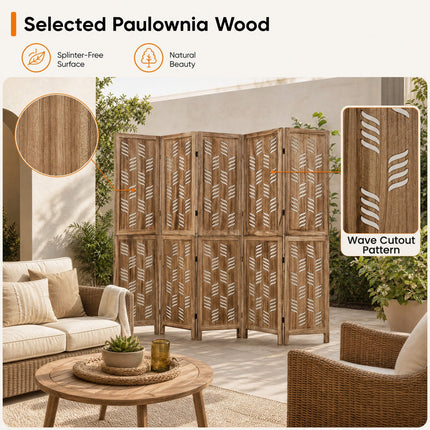 6-Panel Room Divider with Wave Cutout - 95" Tall Paulownia Wood