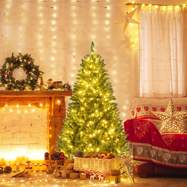 5/6/7 Feet Artificial Christmas Tree Hinged Xmas Tree with 7 Lighting Modes