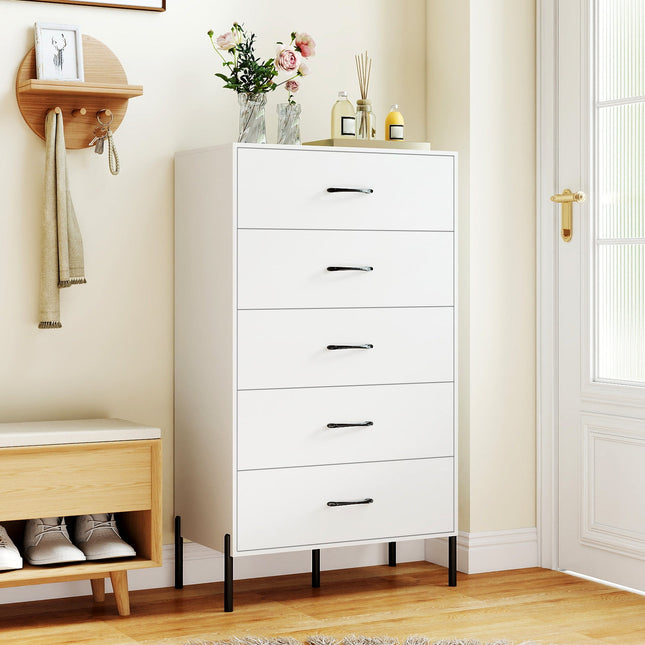 5-Drawer Modern Tall Chest of Drawers with Metal Legs-White