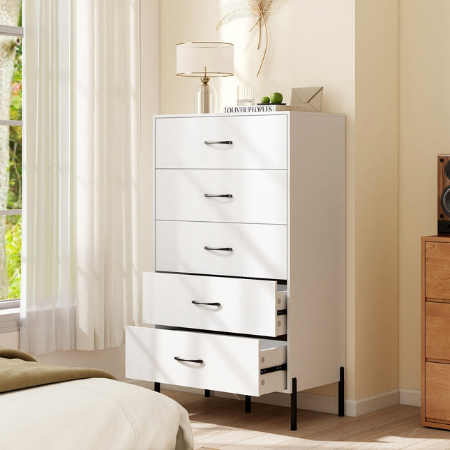 5-Drawer Modern Tall Chest of Drawers with Metal Legs-White