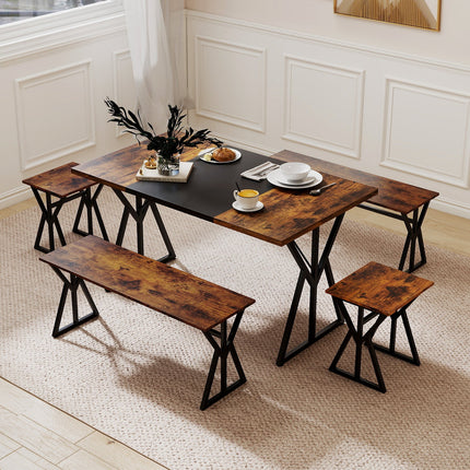 5-Piece Dining Room Set Industrial Rectangular Kitchen Table with 2 Benches and 2 Stools-Rustic Brown