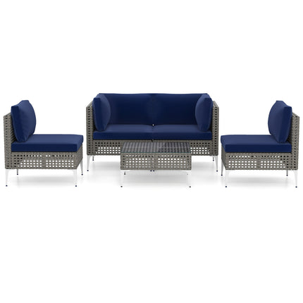 5 Piece Outdoor Furniture Set Patio Rattan Chairs with Tempered Glass Coffee Table-Navy