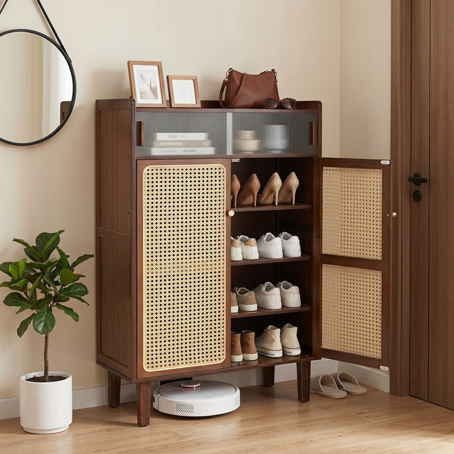 5-Tier Bamboo Shoe Cabinet with Woven Rattan Sliding Doors