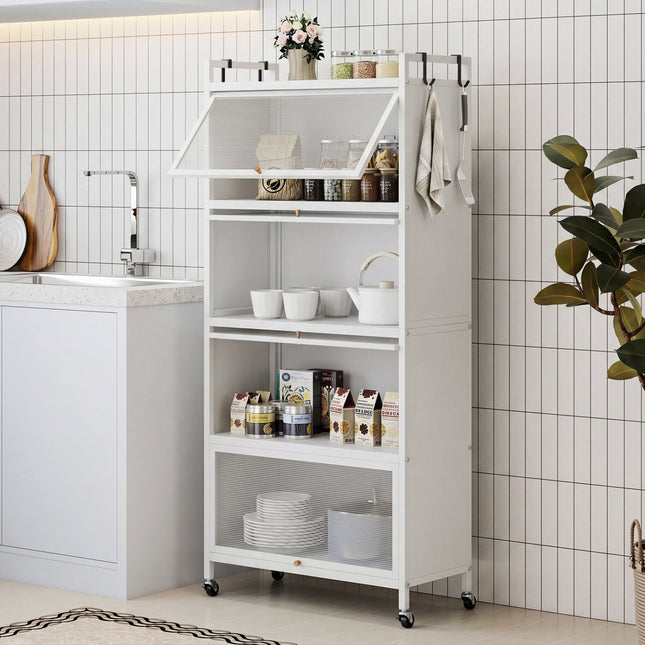 5-Tier Kitchen Storage Cabinet with Rolling Wheels - White