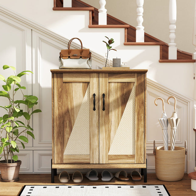 5-Tier Wooden Farmhouse Shoe Cabinet with Woven Rattan Doors