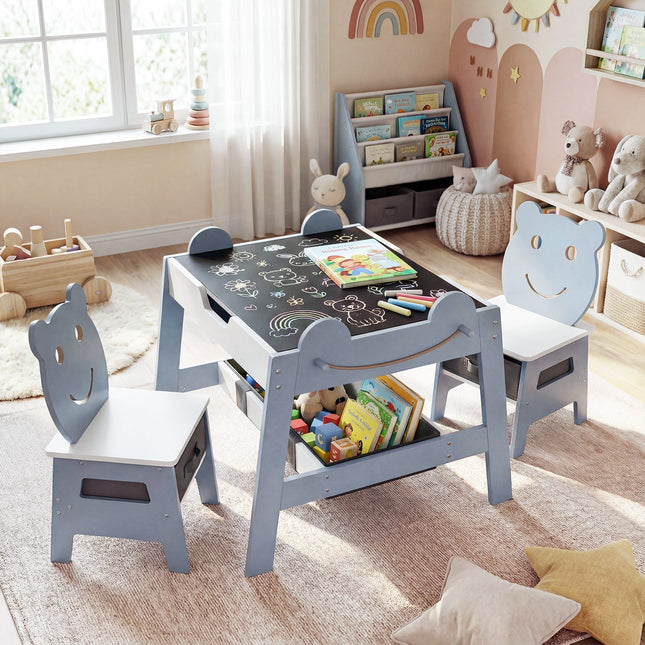 5-in-1 Toddler Table and 2 Chairs Cute Art Desk Set with Reversible Chalkboard Whiteboard