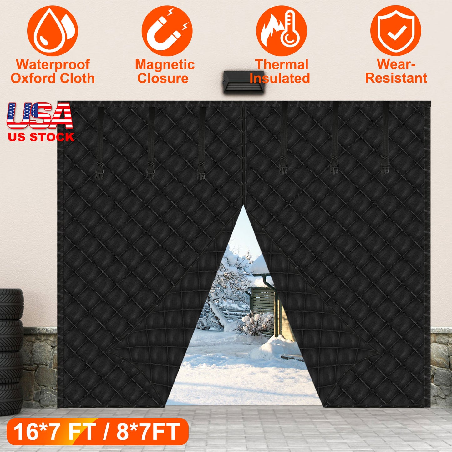 16*7FT Magnetic Thermal Insulated Garage Door Curtain for Winter Two-Car Garage Screen with Magnetic Closure 8 Roll Up Buckle Straps for Two Cars Weat