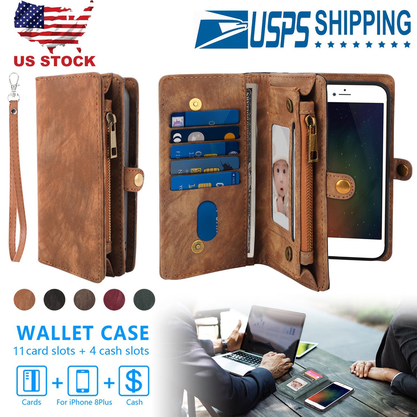 Phone Wallet Case For iPhone 8 Plus Portable Wallet Case 2 in 1 Leather Zipper Magnetic Detachable 15 Card Slots Money Pocket Clutch Cover W/ID Widows