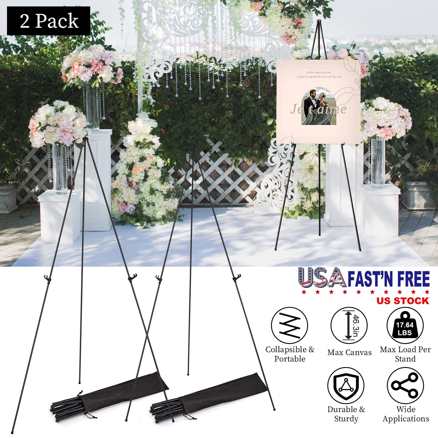 2 Pack Easel Stand for Display 61in Collapsible A Frame Tripod Easel Iron Alloy Drawing Stand with 2 Carry Bags for Wedding Poster Art Drawing Meeting