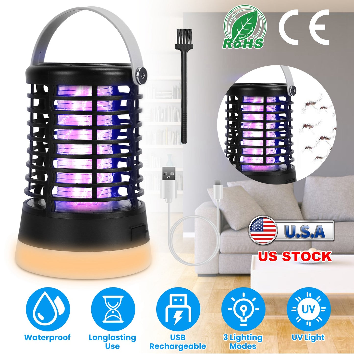4 In 1 Bug Zapper Light Rechargeable Mosquito Zapper for Indoor Outdoor  Waterproof Mosquito Killer Lamp with 3 Lighting Modes for Patio Yard Home