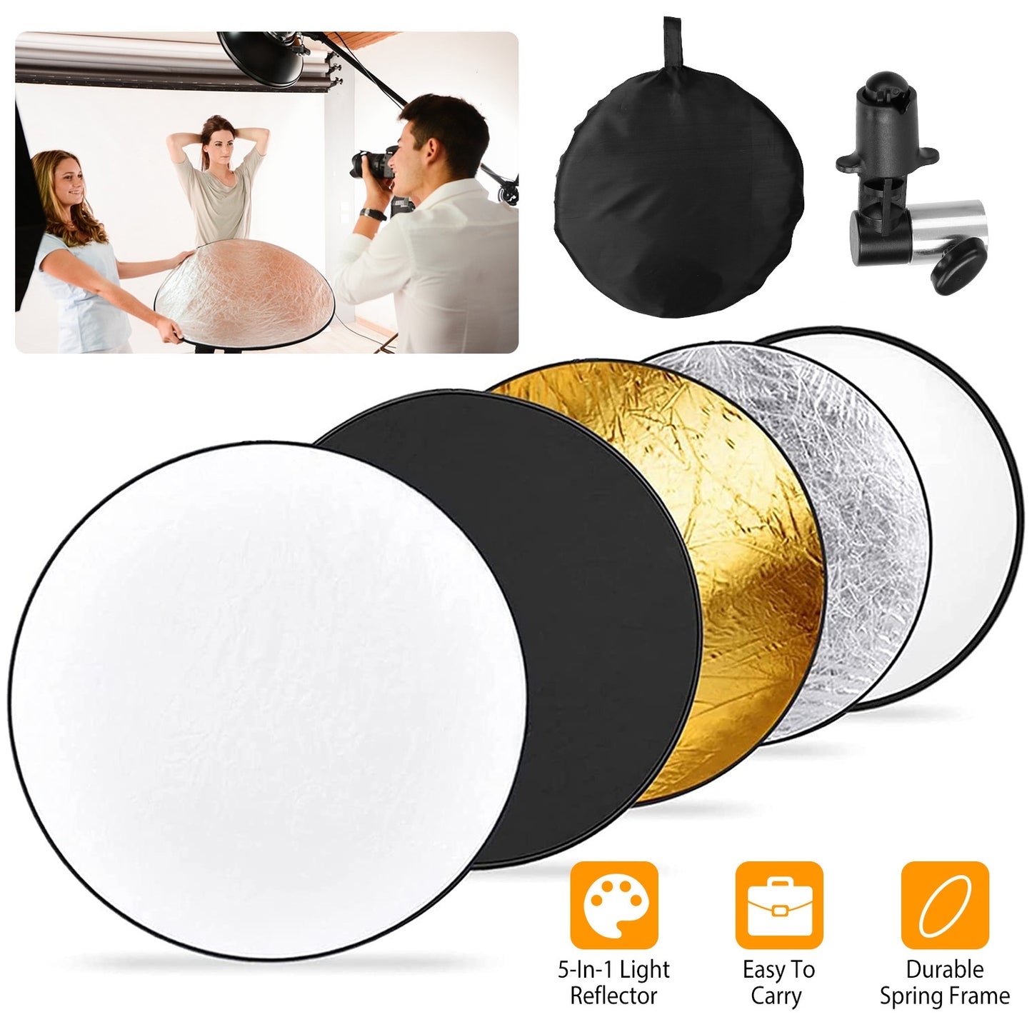 22.8In 5 In 1 Photography Light Reflector Collapsible Multi Disc Round Light Diffuser w/ Storage Bag Translucent Silver Gold White Black 5 Colors Refl