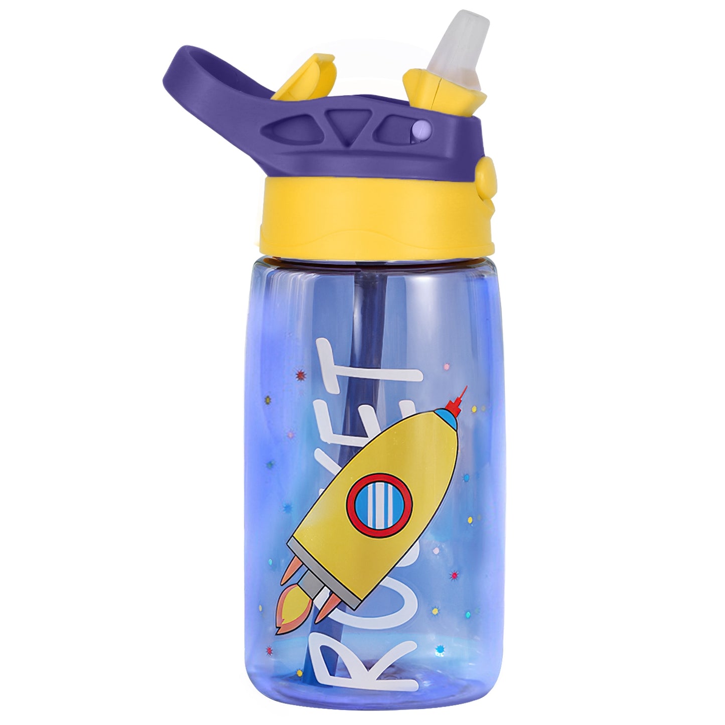16.2Oz Leak-proof Kids Water Bottle with Straw Push Button Sport Water Bottle for Kids Crab Ship Jellyfish Rocket