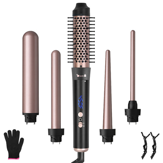 5 in 1 Curling Wand Hair Curling Iron Brush Hair Thermal Brush Curler with 4 Heating Levels 360¡ Rotatable Cable 5 Interchangeable Barrels 2 Clips Lea