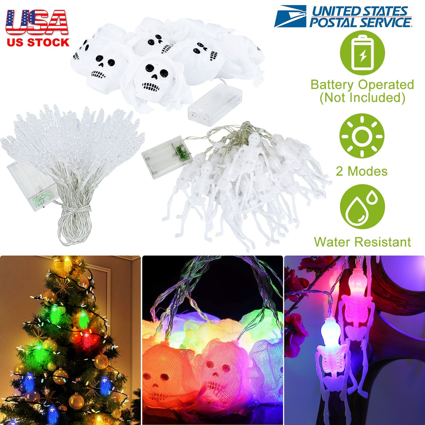 3Pcs Halloween Light Decorations Total 50 LEDs 24ft Halloween String Lights Colorful 3D Skeleton Ghost String Lights Gauze Skull String Lights Spooky