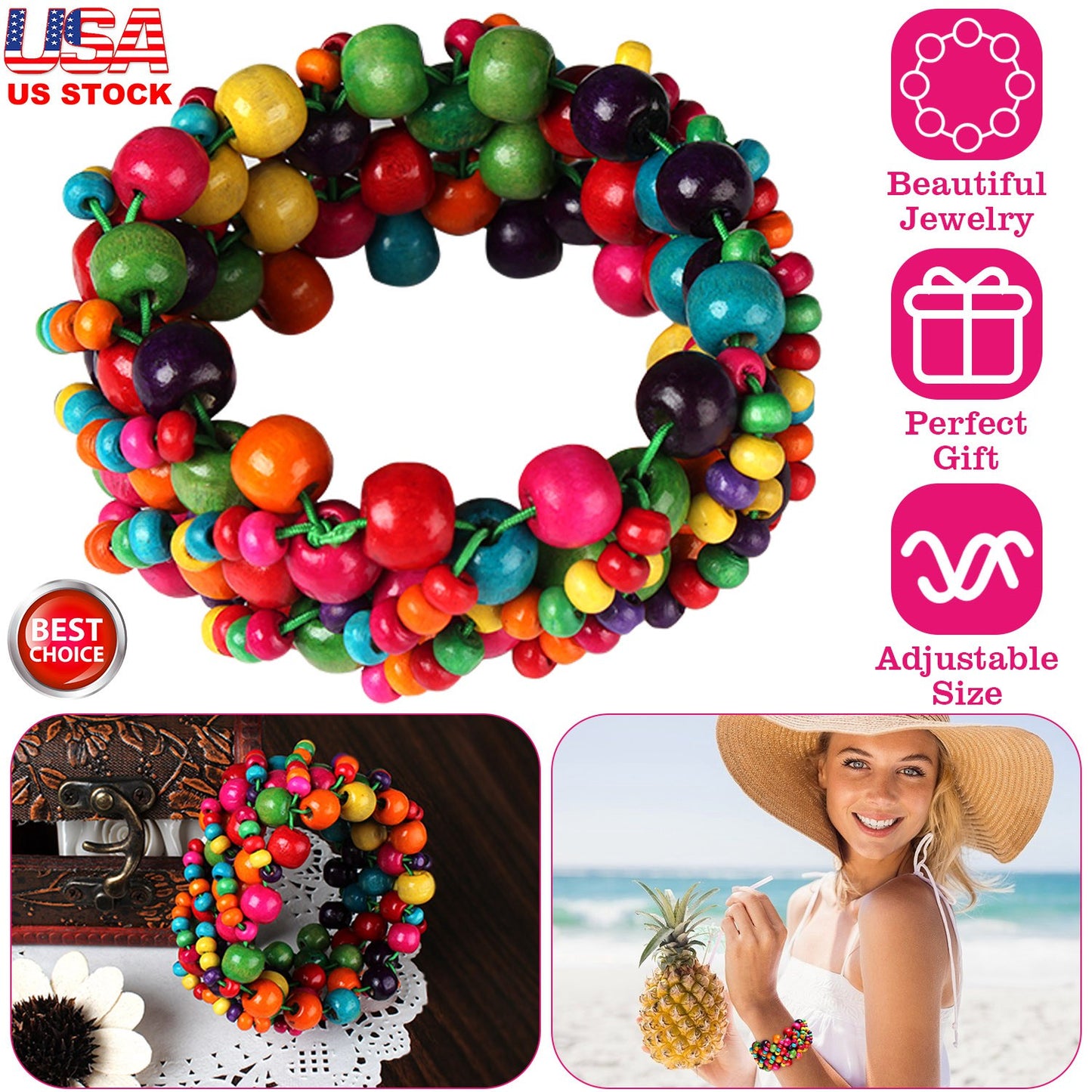Multi-Color Wooden Beaded Stretchy Bracelet Colorful Exotic Style Elastic Bracelets For Women Girls Children