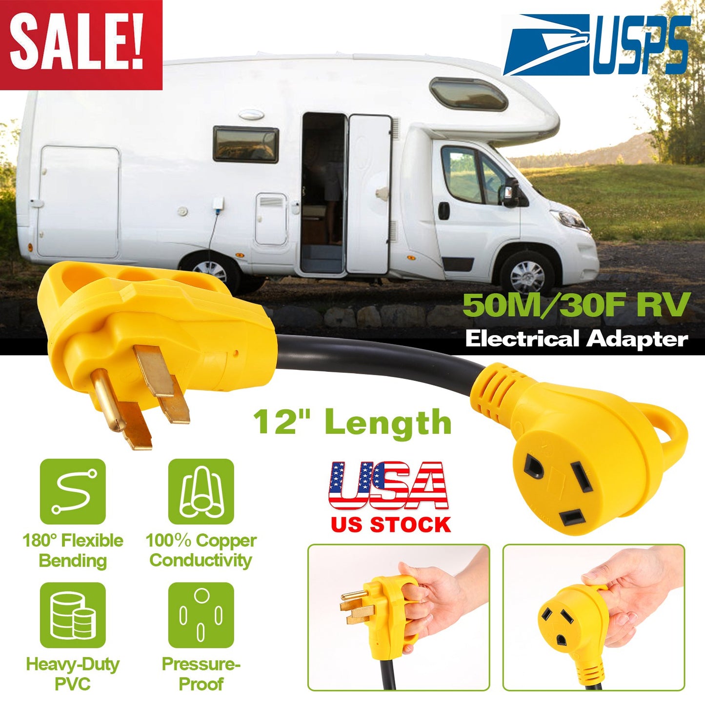 iMounTEK RV Electrical Dogbone Converter 50 AMP Male To 30 AMP Female Adapter Cable 12inch w/ Handle
