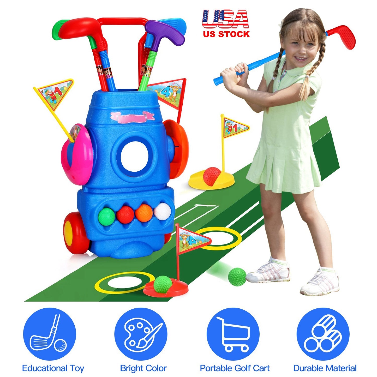 Toddler Golf Set with 4 Balls 4 Clubs 2 Holes 2 Flags Golf Cart Indoor Outdoor Golf Game Gift For 3-5 Years Old Kids