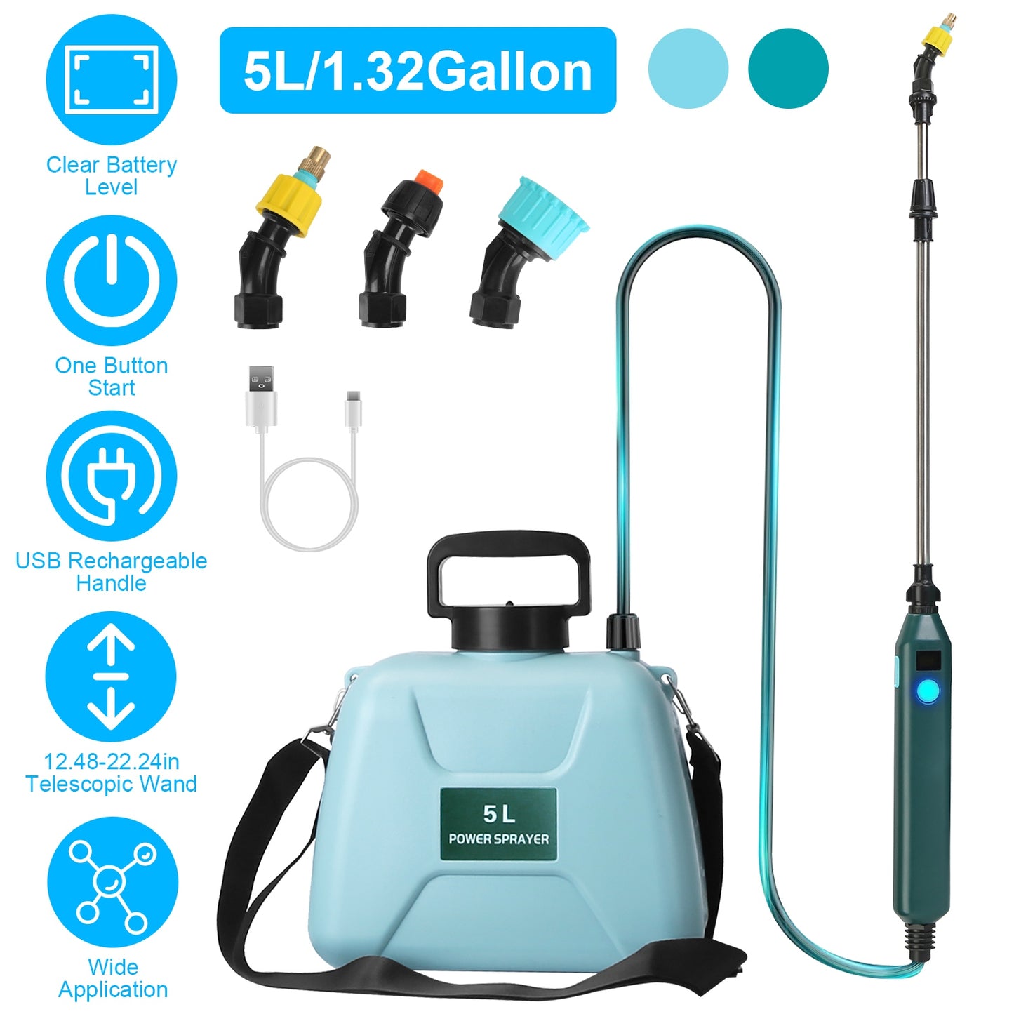 5L/1.32Gallon Battery Operated Water Sprayer Portable Garden Sprayer Electric Sprayer with Rechargeable Handle Telescopic Wand 3 Spray Nozzles Shoulde