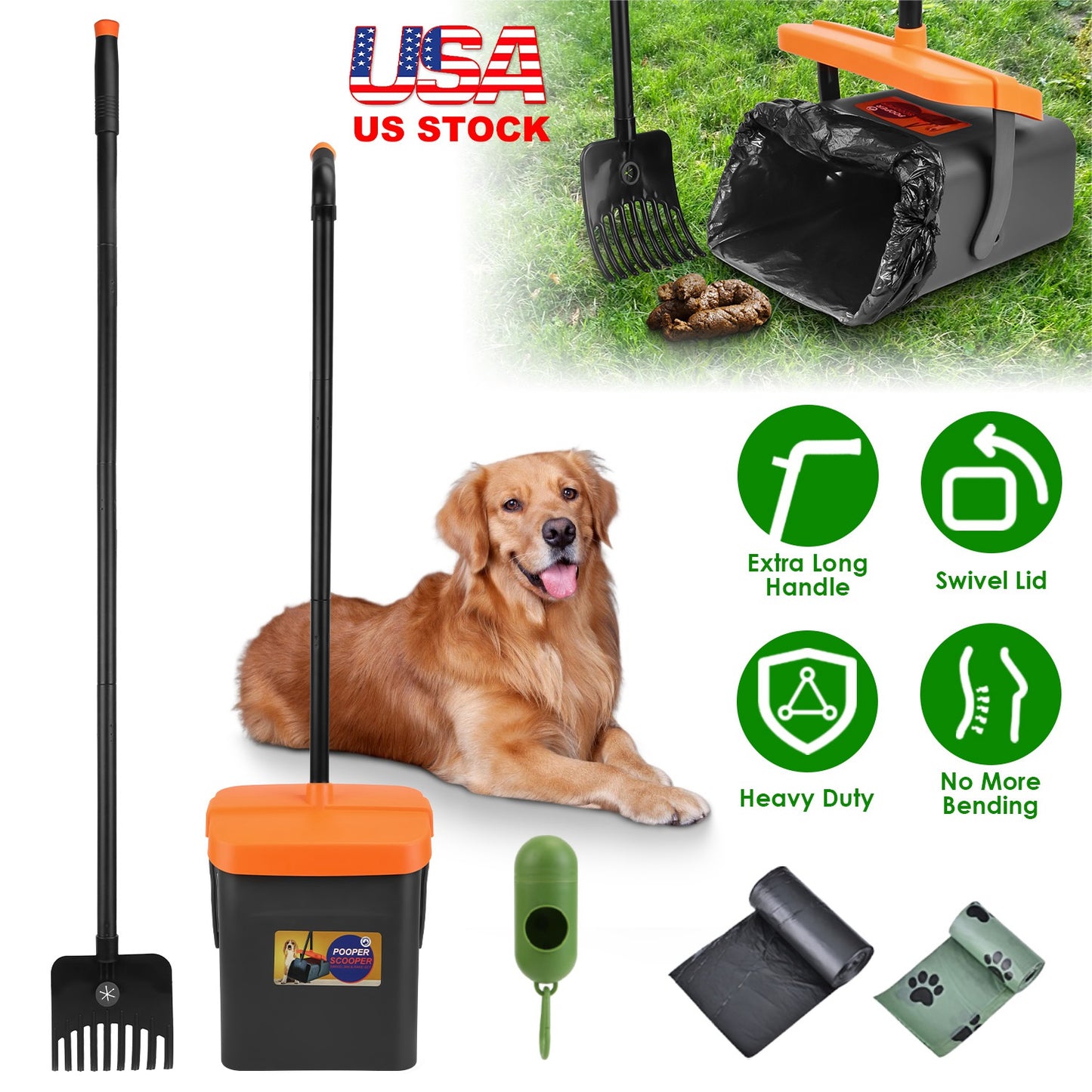 Pooper Scooper Kit Dog Poop Rake & Swiveling Bin Poop Heavy Duty Pick Up Tool with Extra Long Handle 35 Waste Bags Dispenser