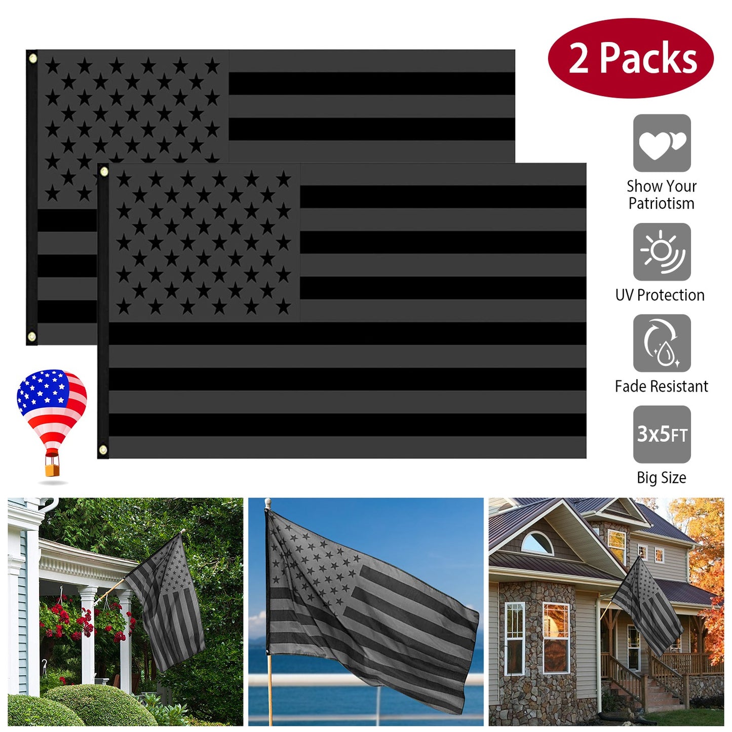 All Black American Flag 3x5FT UV Protection Black US Flag Double Side Printing Fade Resistant Black USA Flag with Brass Grommets