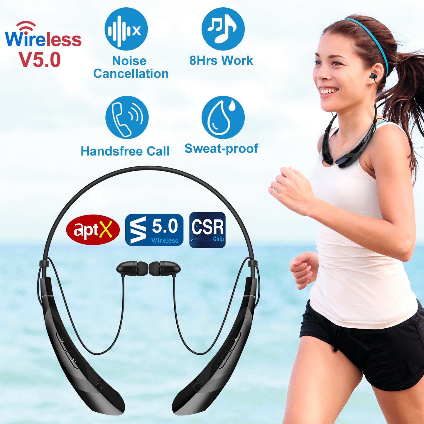 Wireless Neckband Headphones V5.0 Sweat-proof Sport Headsets Earbuds In-Ear Magnetic Neckbands Stereo Earphone Deep Bass Earphone w/Mic