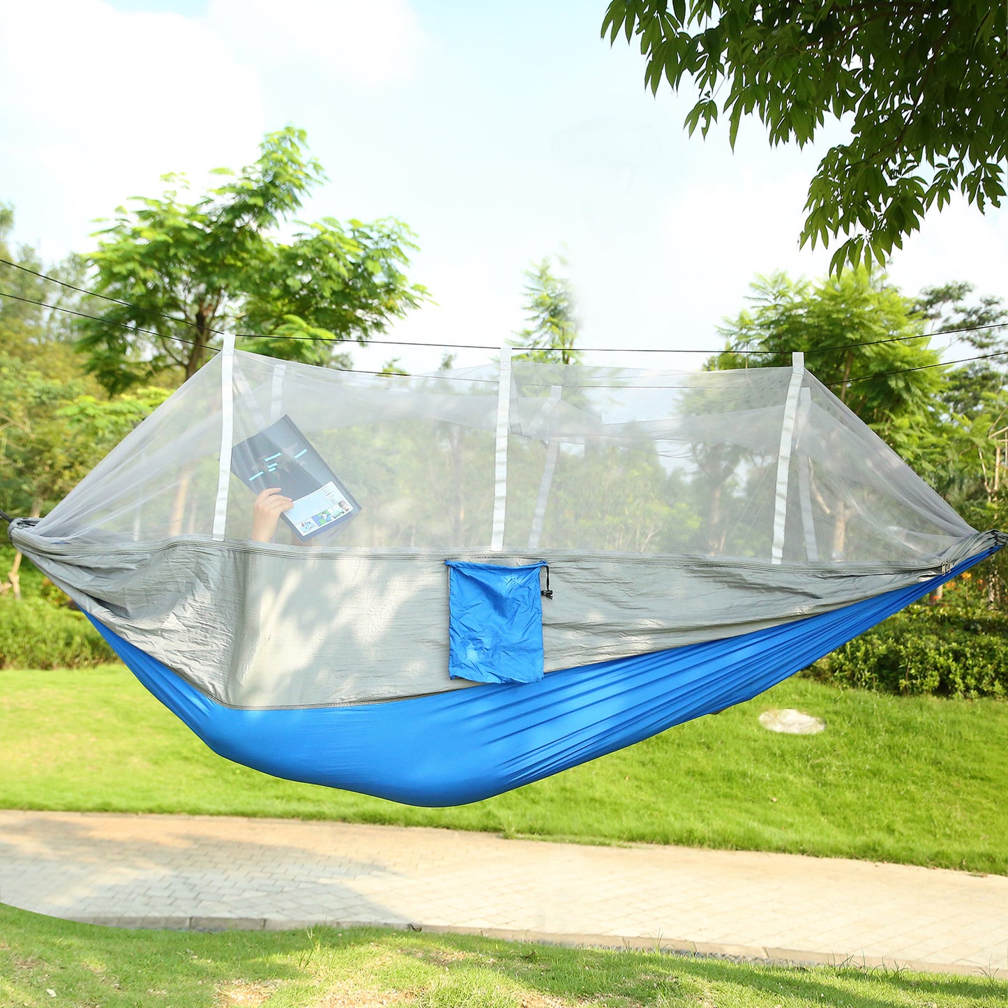 600lbs Load 2 Persons Hammock w/Mosquito Net Outdoor Hiking Camping Hommock Portable Nylon Swing Hanging Bed w/ Strap Hook Carry Bag