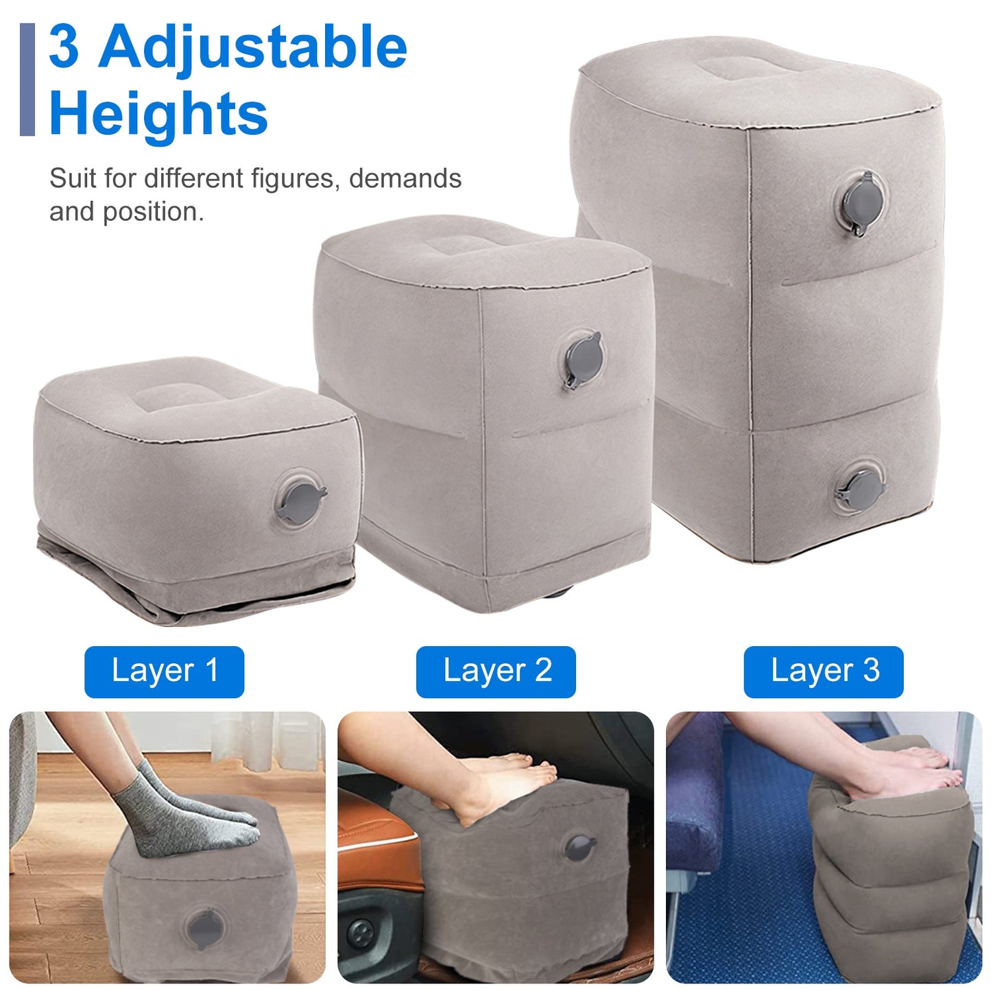 Inflatable Foot Rest with Air Bag 3 Adjustable Height Travel Foot Pillow Kids Airplane Bed Relieve Leg Feet Pain Leg Rest Stool For Train Car Airplane