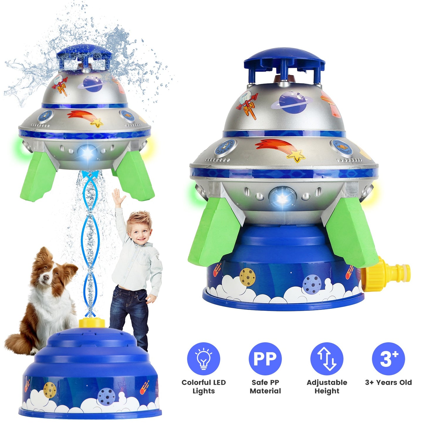 UFO Water Sprinkler Outdoor Summer Rocket Toy With Colorful LED Lights 360¡ Spinning 1.64FT To 6.56FT Adjustable Height Birthday Summer Gift For Girls