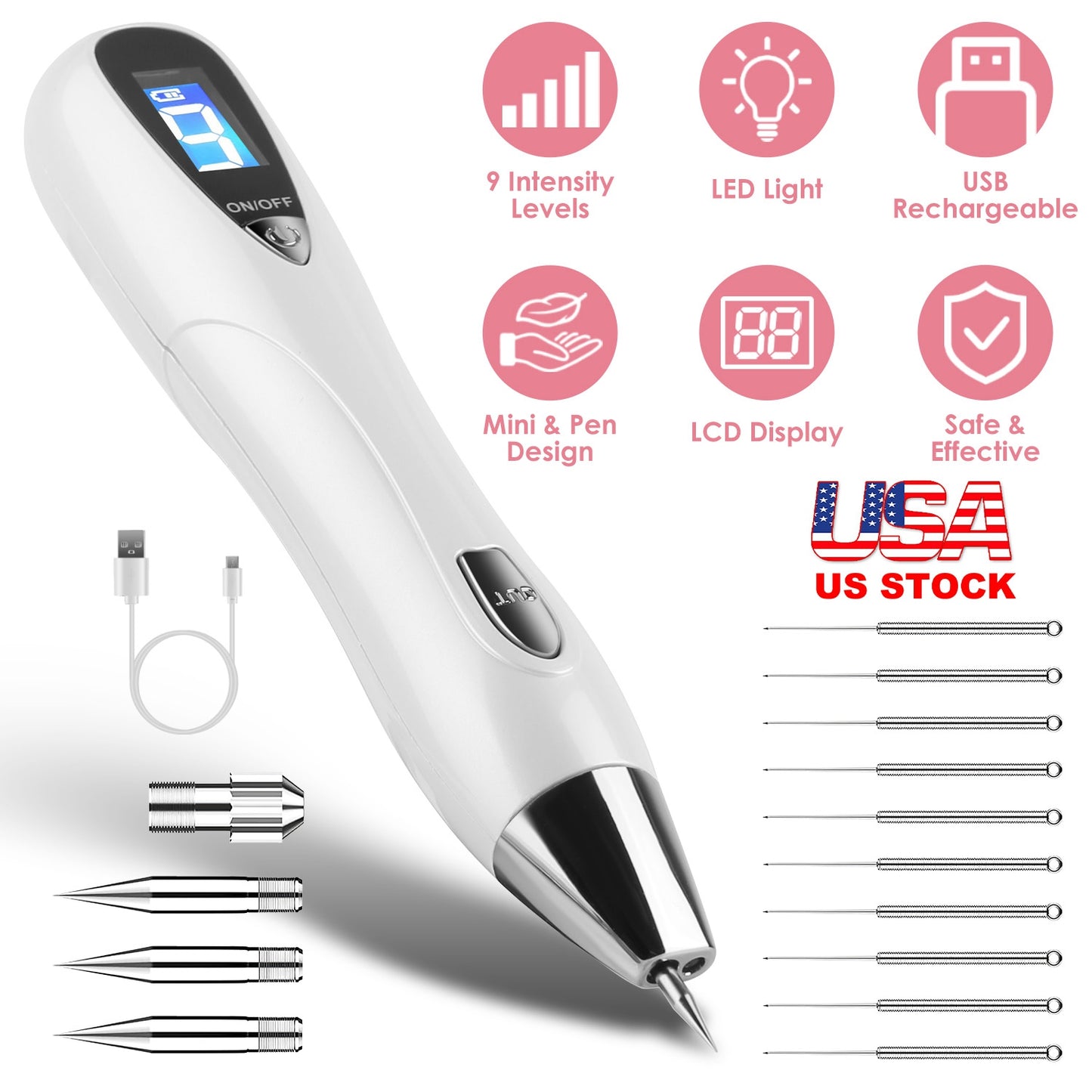 Skin Tag Remover Skin Tag Repair Kit Tattoo Freckle Wart Mole Remover Pen with 9 Intensity Levels 10 Fine Needles 3 Coarse Needles