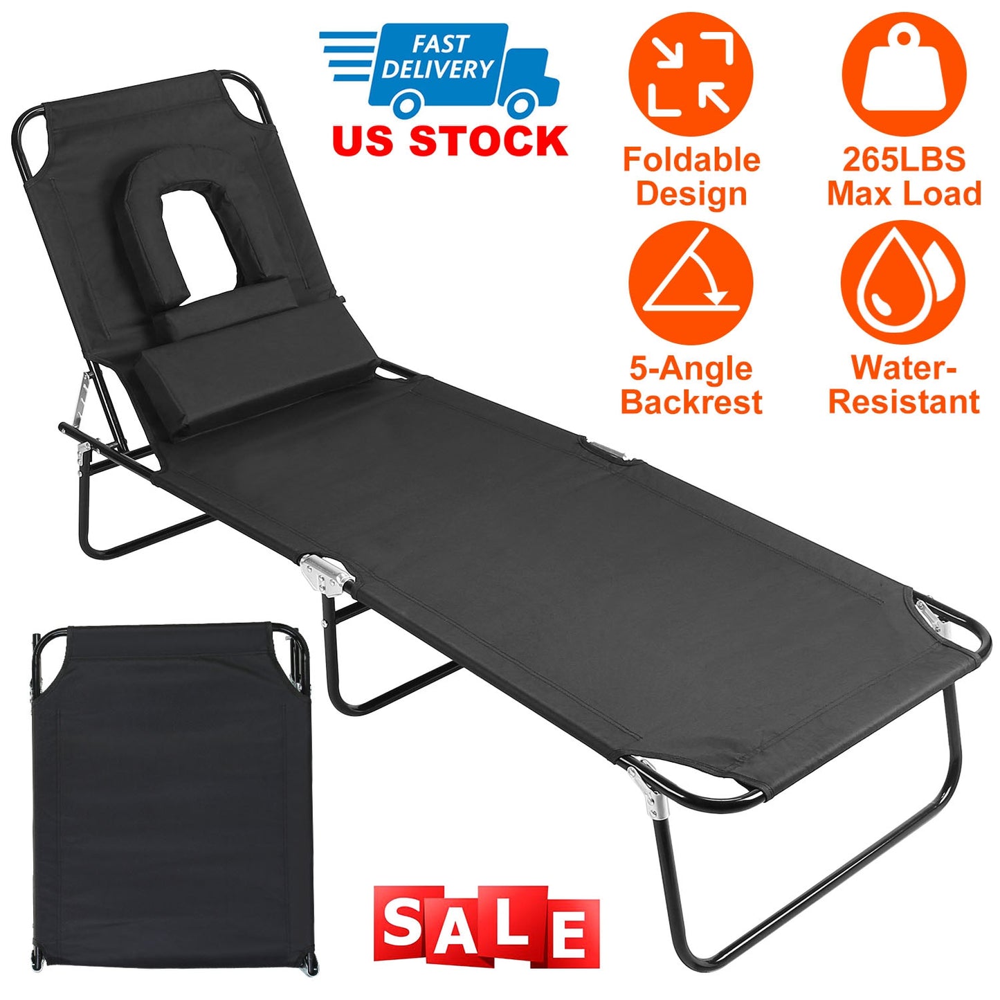 Folding Beach Lounge Chair Face DownÊTanning Chaise Sunbathing Recliner 265LBS Max Load with 5-Angle Backrest 3 Removable Pillows for Beach Pool Lawn