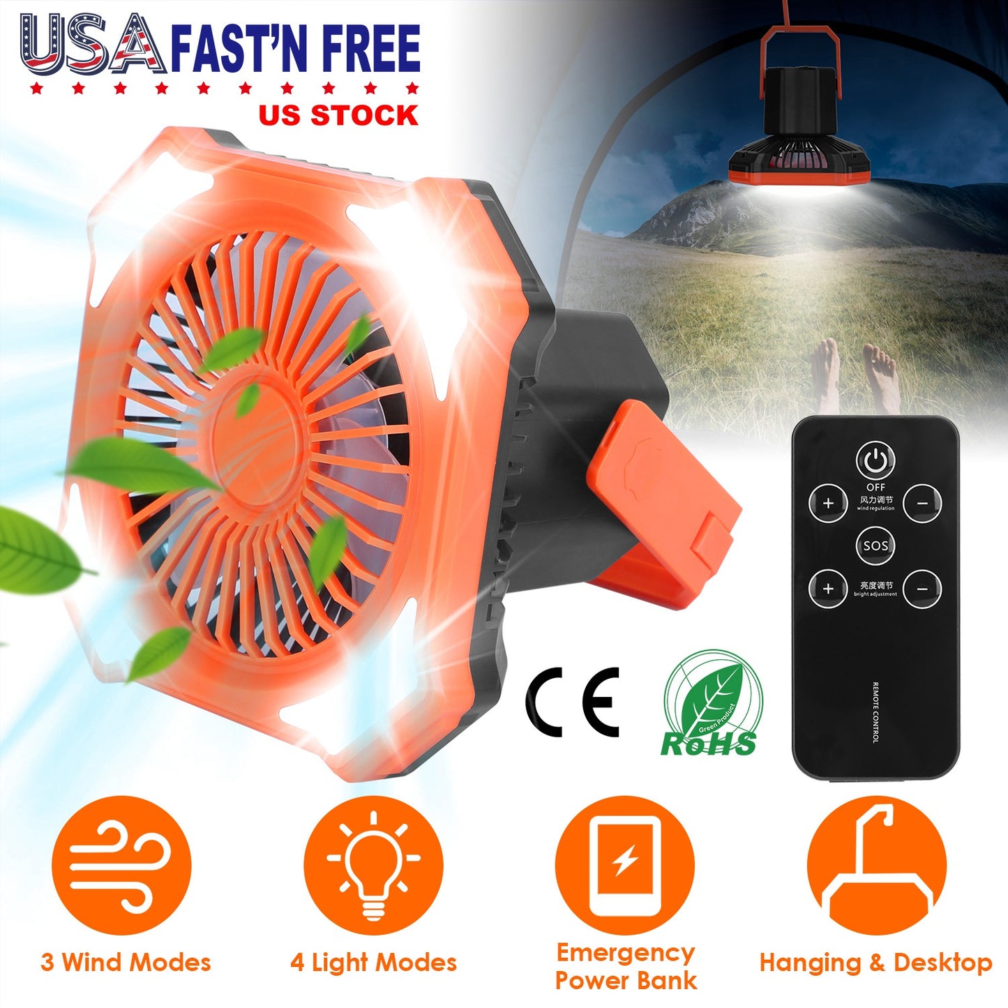 Portable Camping Lantern Fan 10000mAh Battery Powered Hanging Fan USB Rechargeable Tent Fan with 4 Light Modes 3 Wind Modes Emergency Power Bank Remot