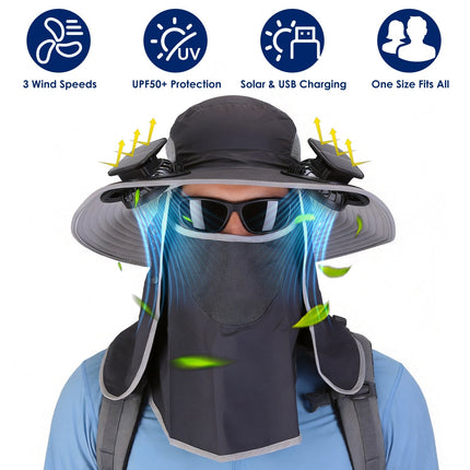 Solar Fan Hat with UPF50+ Sun Protection and Neck Flap