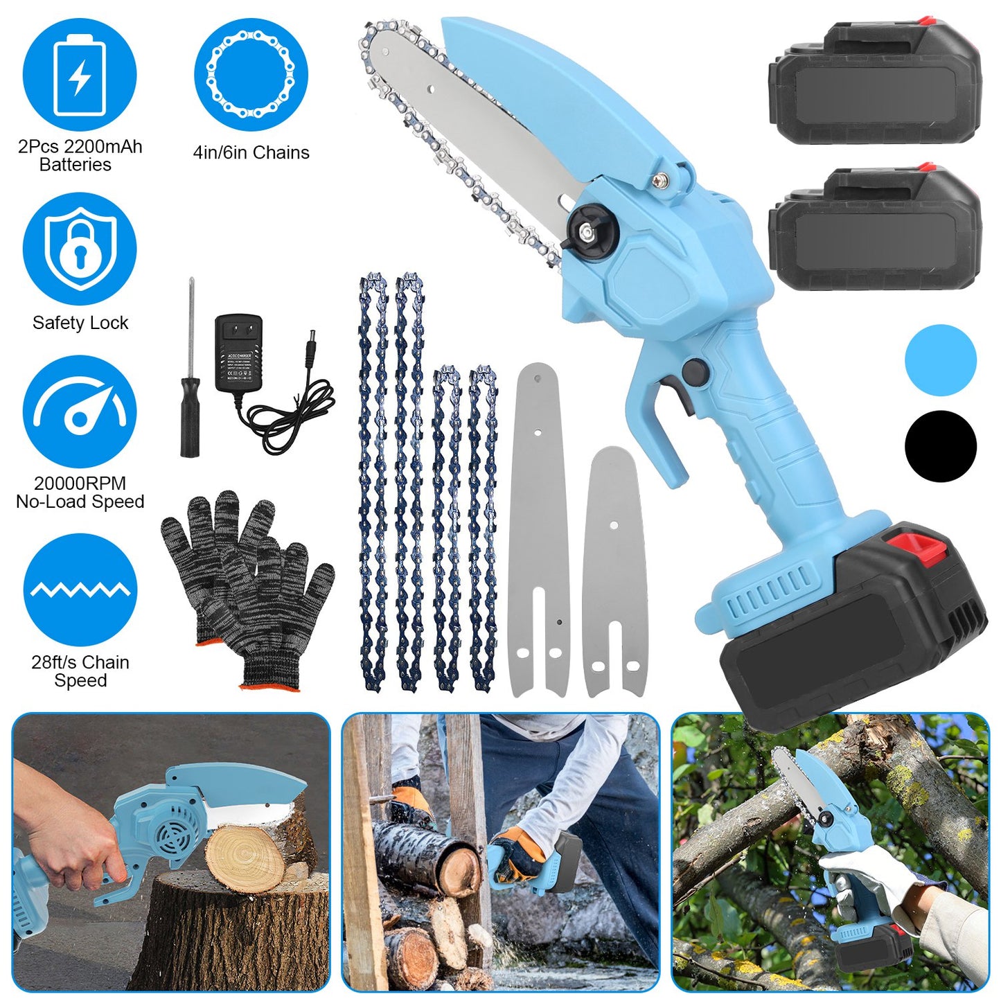 Electric Mini Chainsaw Portable Handheld Cordless Small Chain Saw Battery Powered with 2Pcs 2200mAh Rechargeable Batteries 4in/6in Chains for Pruning