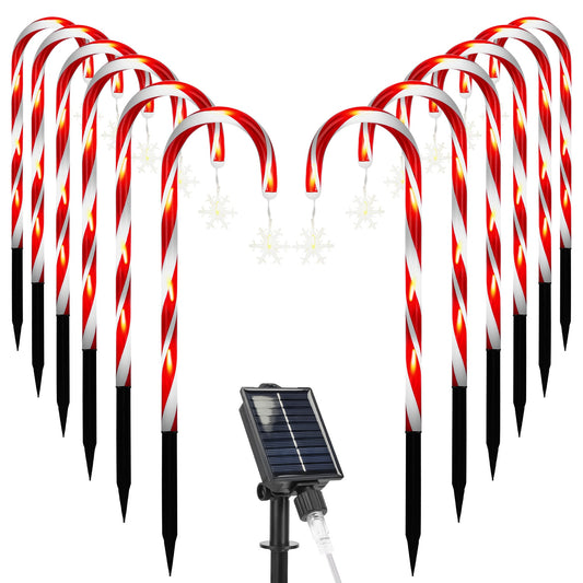 Solar Christmas Candy Cane Lights with 12 Candies 72LEDs Outdoor Christmas Decorations IP44 Waterproof Flickering Pathway Markers String Lights with 8