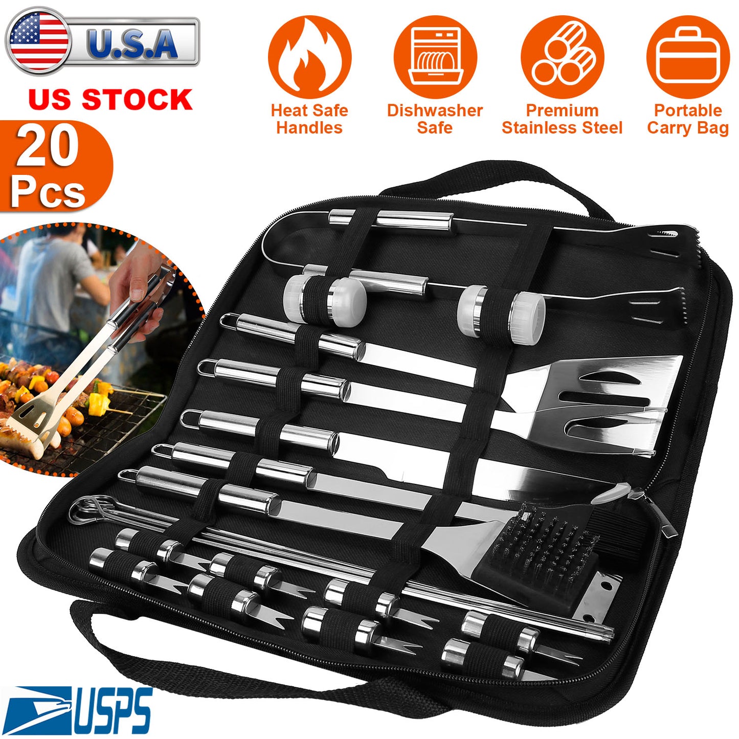 Stainless Steel BBQ Grill Tool Kit Grilling Utensil Accessories w/ Spatula Tongs Fork KnifeBrush Pepper Salt Shaker Bottle Grilled Skewers Corn Need