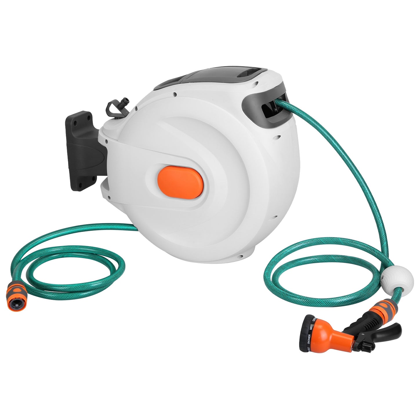 Retractable Garden Hose Reel Wall Mounted Automatic Water Hose Reel with Any Length Lock 8 Pattern Spraying Modes 180¡ Swivel Bracket