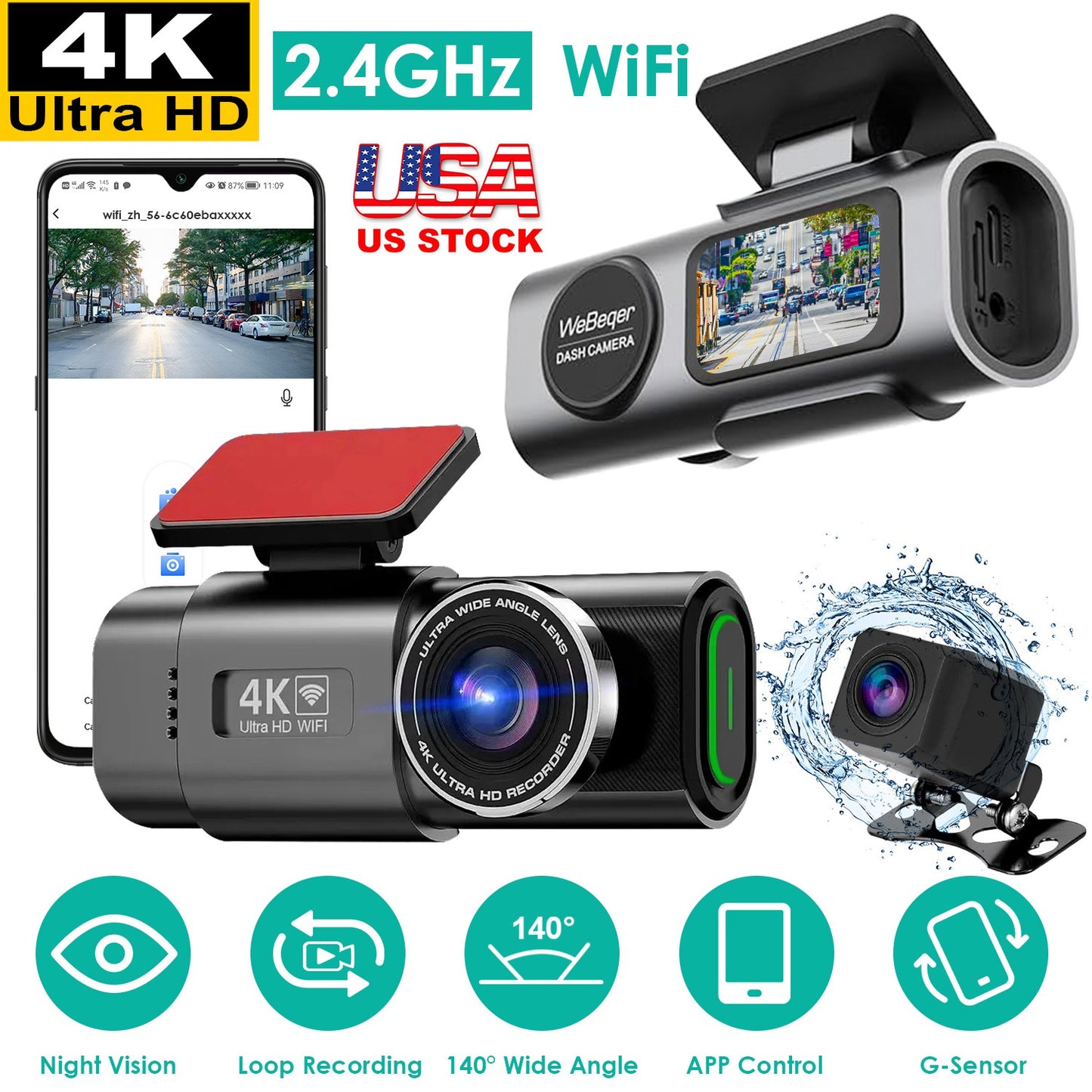 4K/1080P Dual Chanel Car Dash Cam 2.4GHz WiFi Car Camera Mini Driving Recorder with 140¡ Wide Angle APP Control Night Vision G-sensor Loop Recording