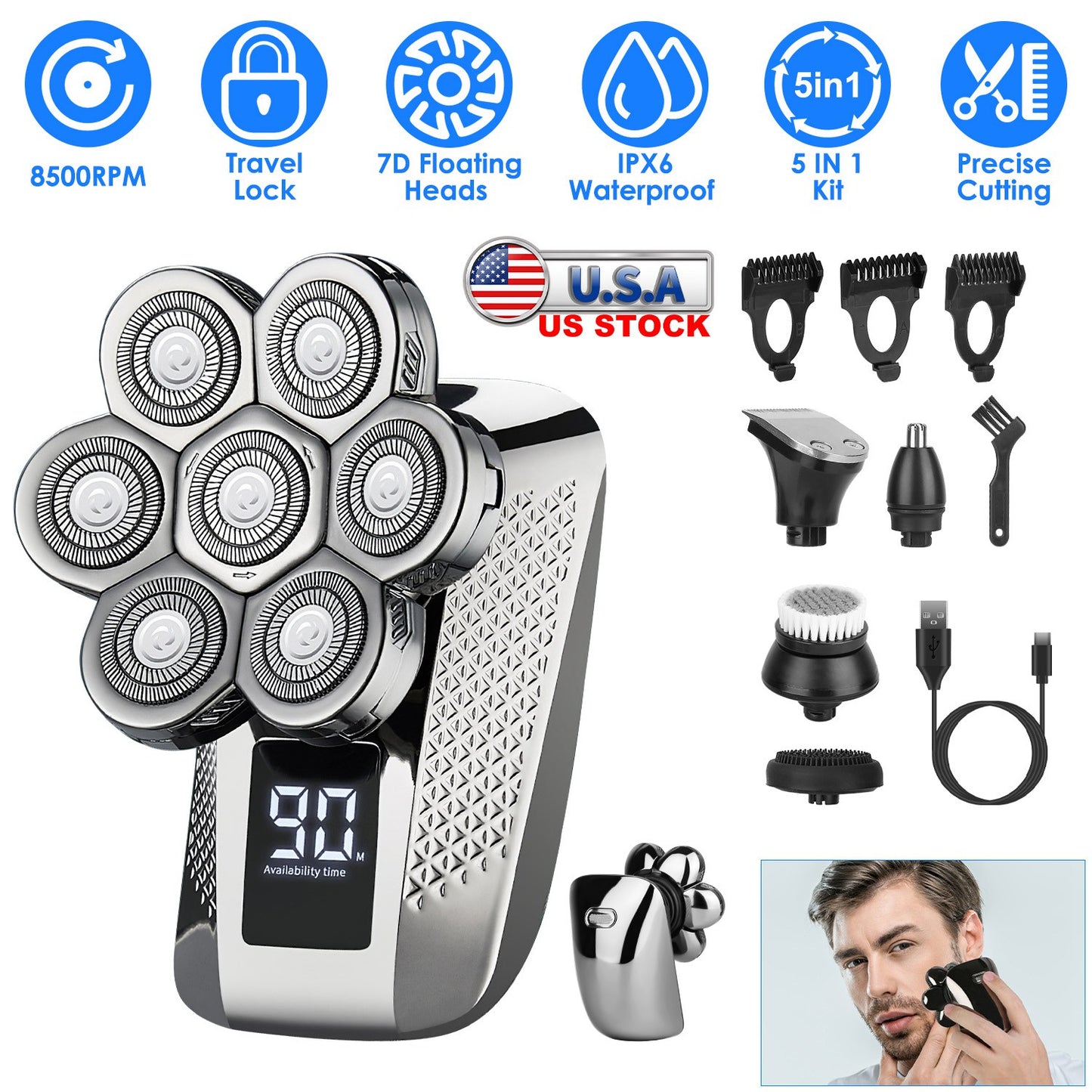 Head Shavers for Bald Men 5 In 1 7D Electric Rotary Razor Rechargeable Cordless Head Beard Trimmer Shaver Kit IPX6 Waterproof Dry Wet Grooming Kit wit
