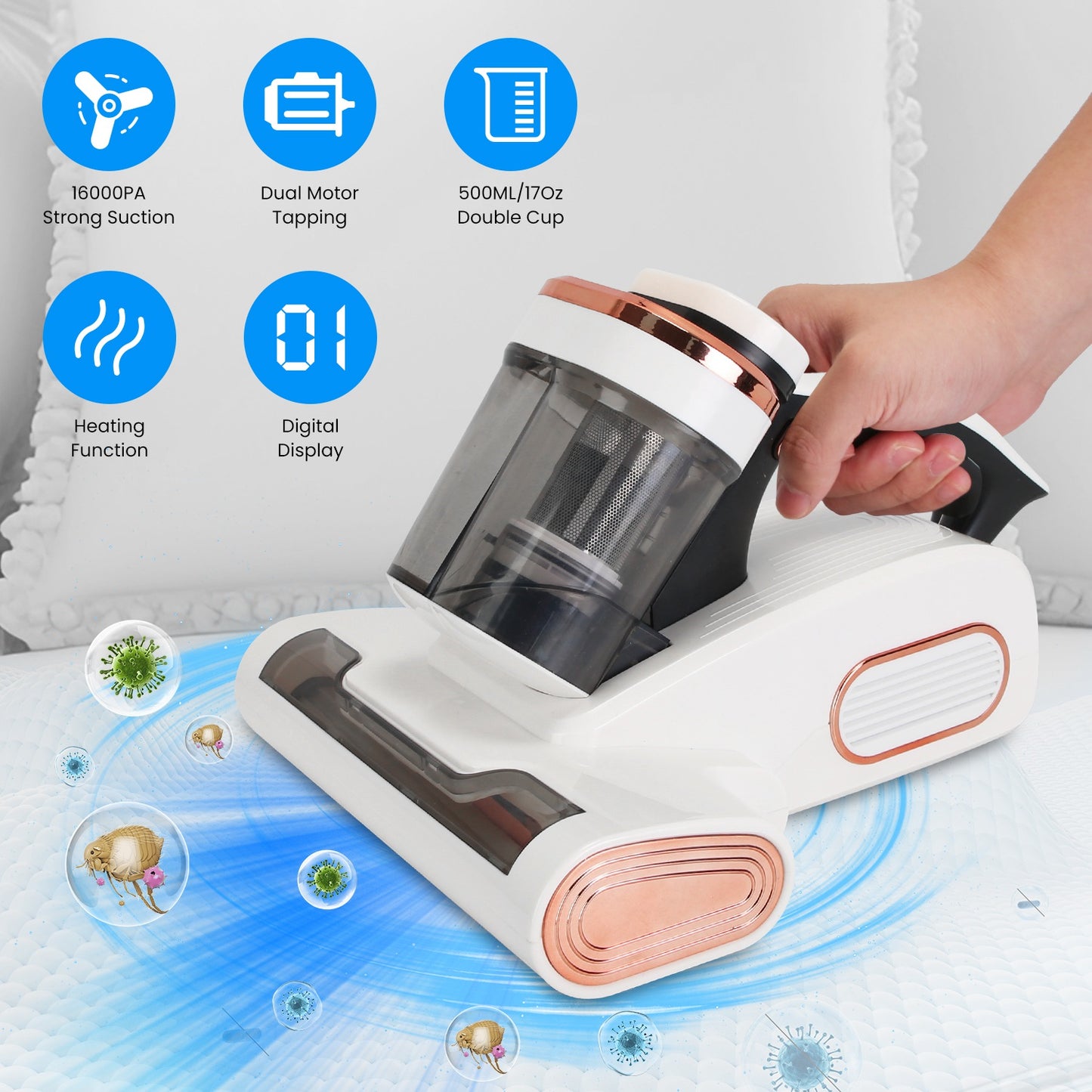 16000PA Double-Cup Bed Vacuum Cleaner 500W Mattress Handheld Vacuum Dust Mites Remover with Heating Function for Bed Sofa Rug