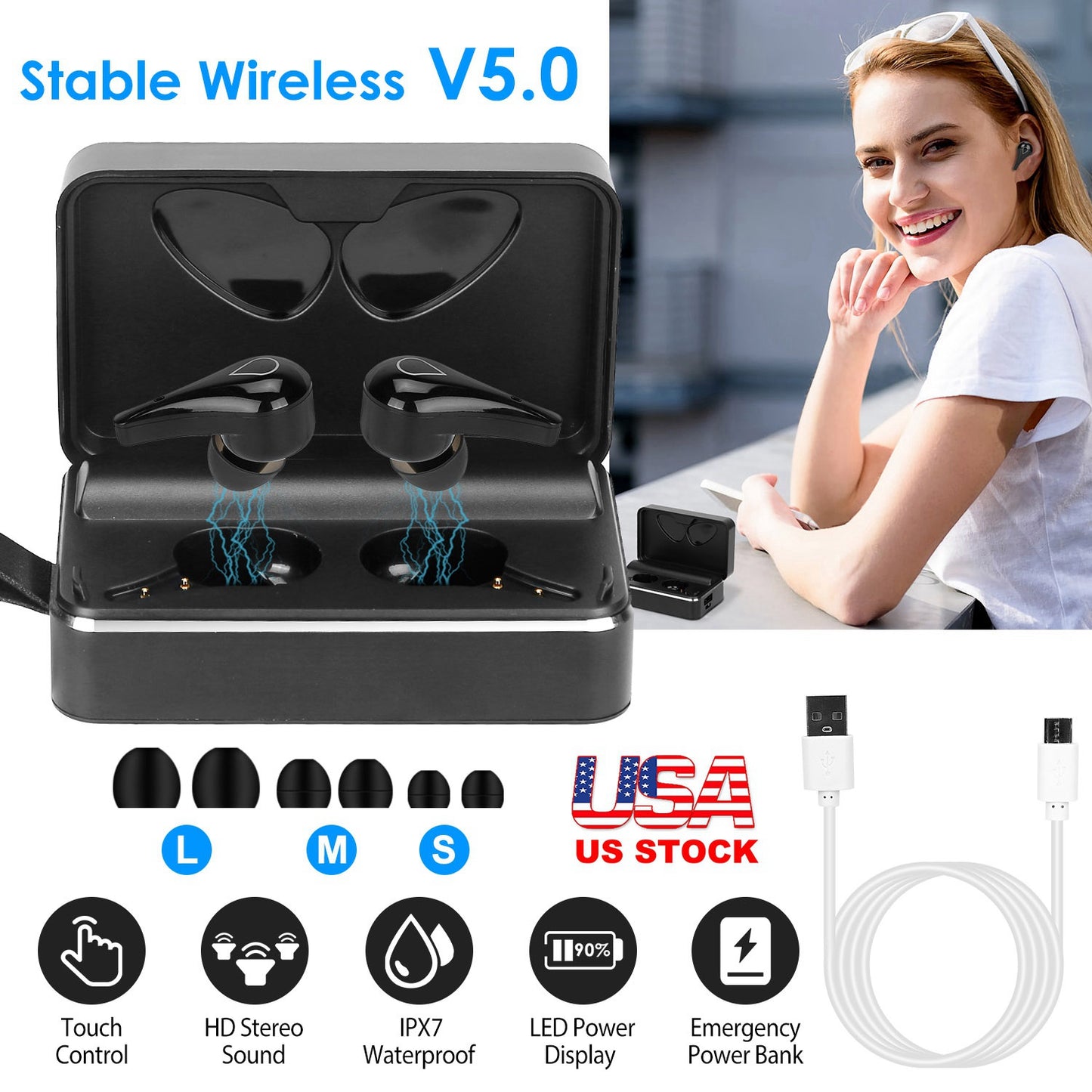 True Wireless V5.0 Earbuds IPX7 Waterproof Touch Control In-Ear Stereo Headsets TWS Noise Canceling Earbuds w/ LED Display Magnetic Charging Dock