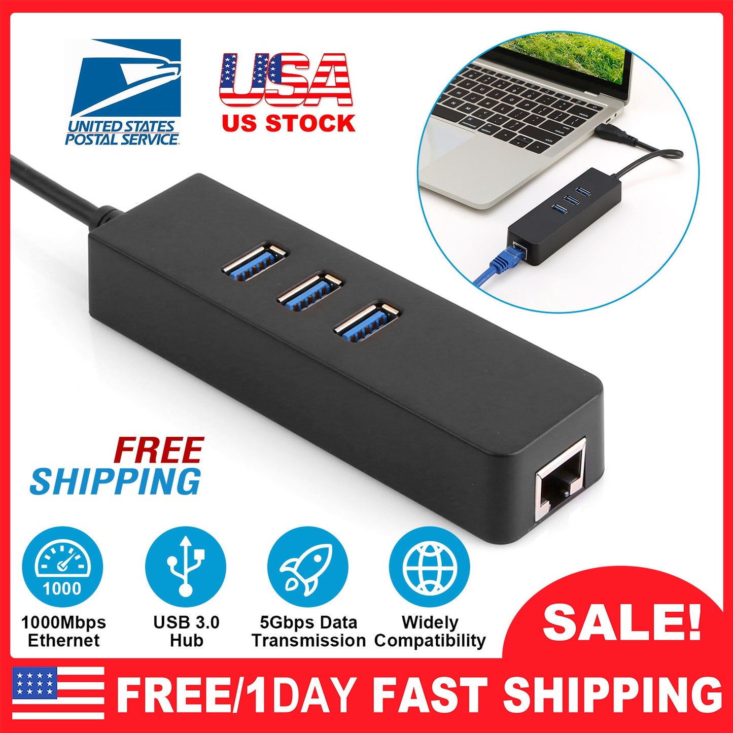 3 Ports USB 3.0 Hub Gigabit Ethernet Adapter 10/100/1000 Mbps Converter LAN RJ45 Wired USB Network Adapter