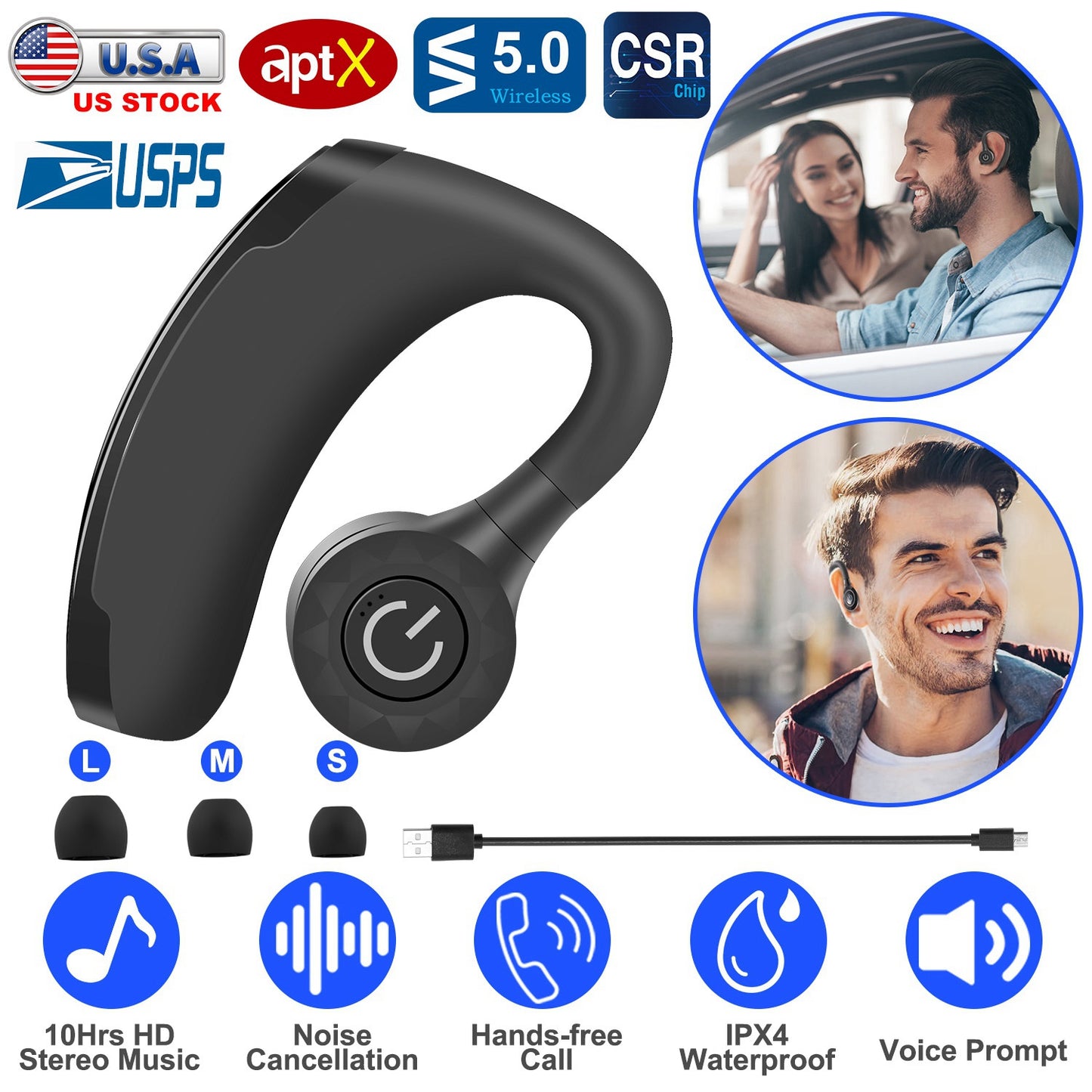 Title: Wireless V5.0 Earbuds In-Ear Earphones 10Hrs Playtime Ear Hook Earphone Waterproof HiFi Earpieces w/ Mic