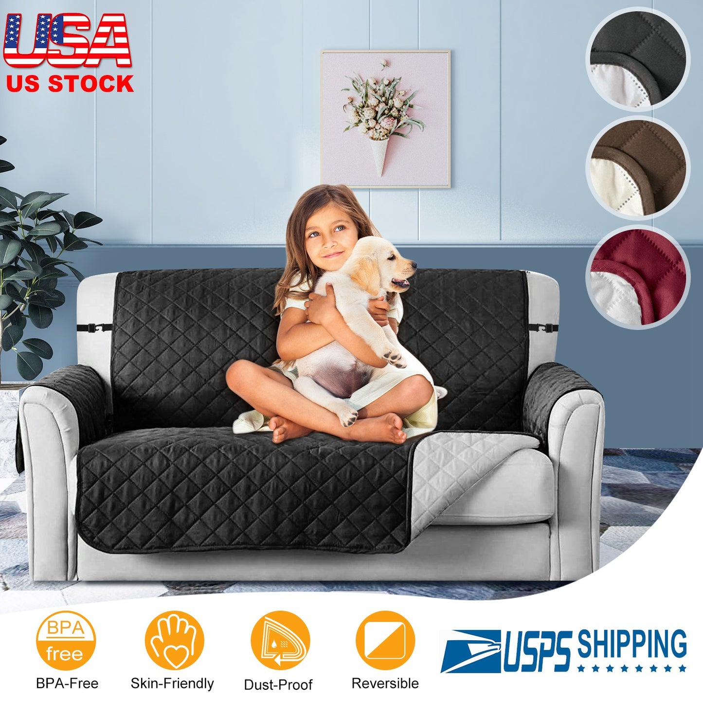 Reversible Sofa Cover Chair Loveseat Couch Microfiber Slipcover Cushion Furniture Protector Shield Water-Resistant w/ Elastic Strap for Kids Pet Dog C