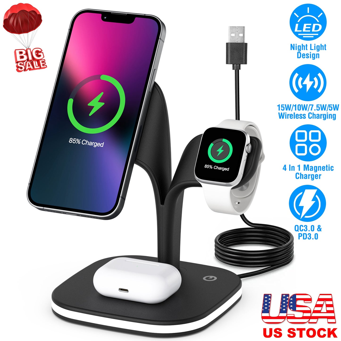 4 in 1 Magnetic Wireless Charging Station Dock Charger 15W Fast Charging Stand Nightlight Fit for iPhone 14 13 12 Pro Pro Max Mini iWatch 7 6 5 4 3 2