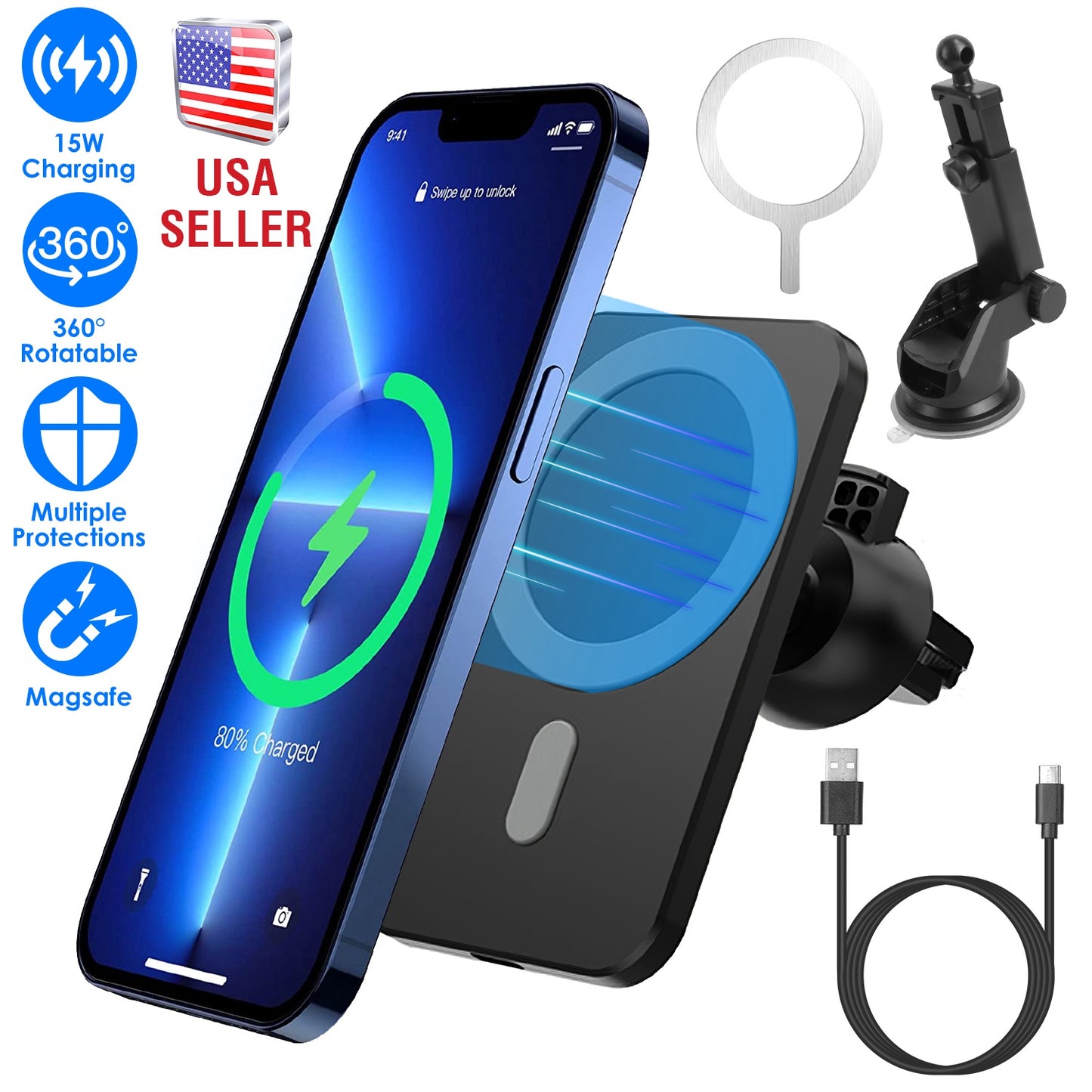 Magnetic Wireless Car Charger MagSafe Car Phone Mount Air Vent Holder 15W Wireless Charger Fit for IOS Phone 12/13/14 Series and QI-Enabled Phones wit