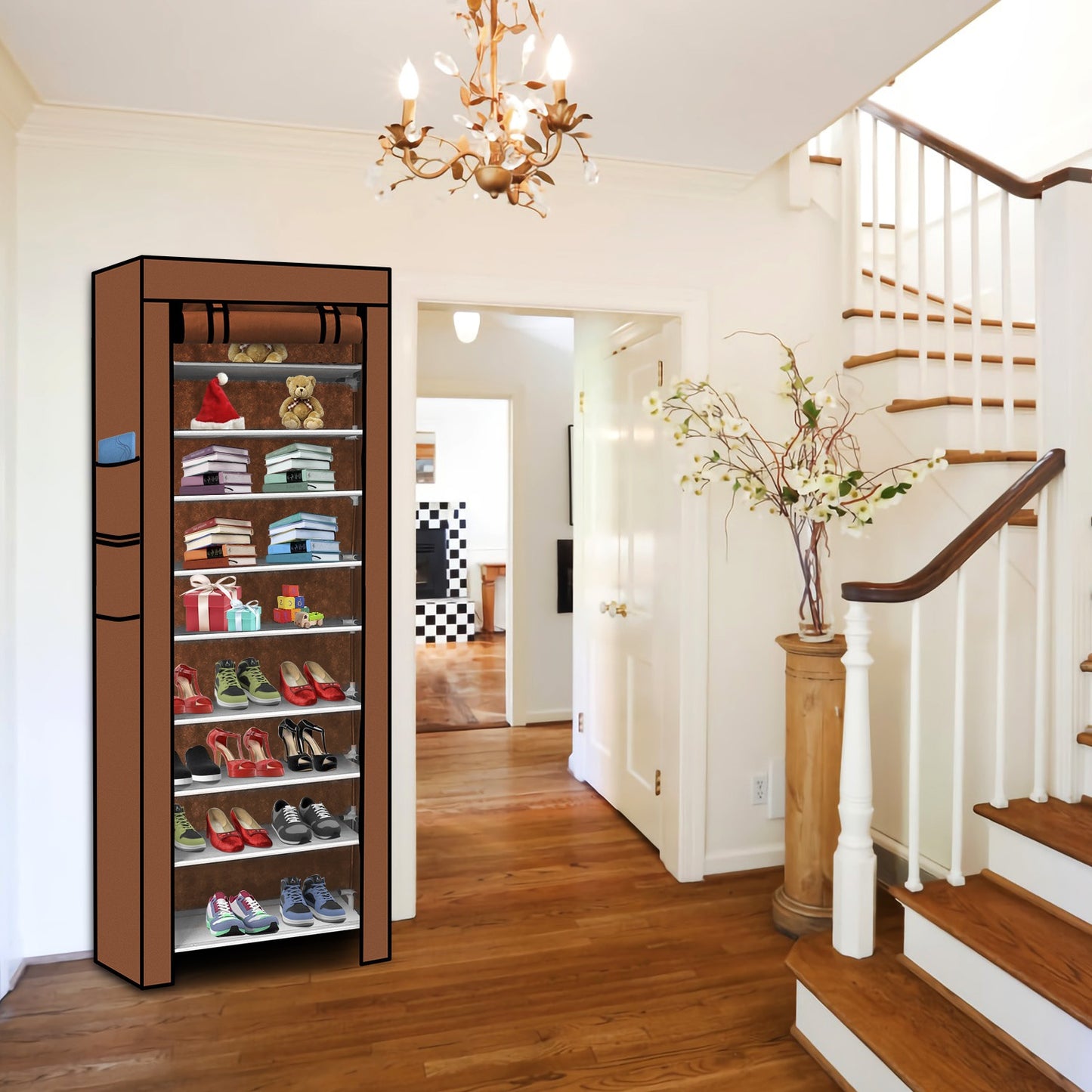 iMounTEK 10 Tiers DIY Shoe Cabinet Dustproof Easy Assemble Tidy Shoe Rack Non-Woven Fabric Holding 27 Pair Shoes Brown