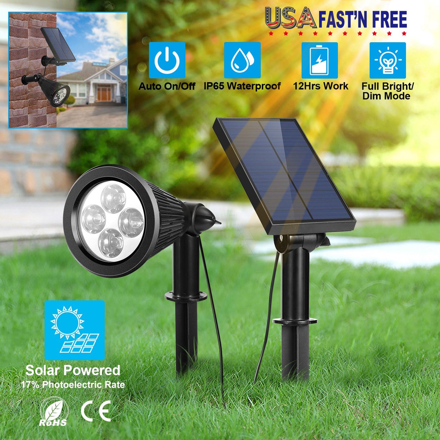 Solar Powered Spotlight Outdoor Dusk To Dawn Light Wall Path Lawn Garden Lamp Waterproof