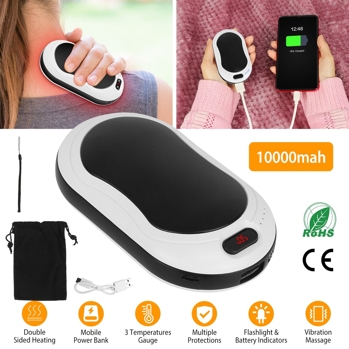 Portable Hand Warmer 10000mAh Power Bank Rechargeable Pocket Warmer Double-Sided Heating with Flashlight 3 Temperature Adjustment